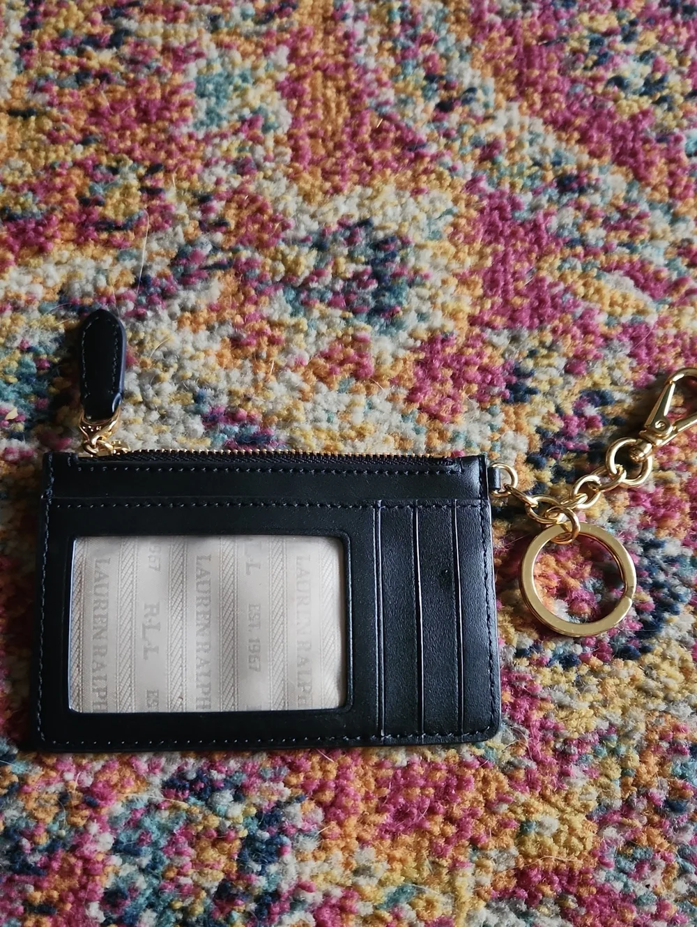Ralph Lauren Navy Leather Zip Card Case Holder Key Pouch